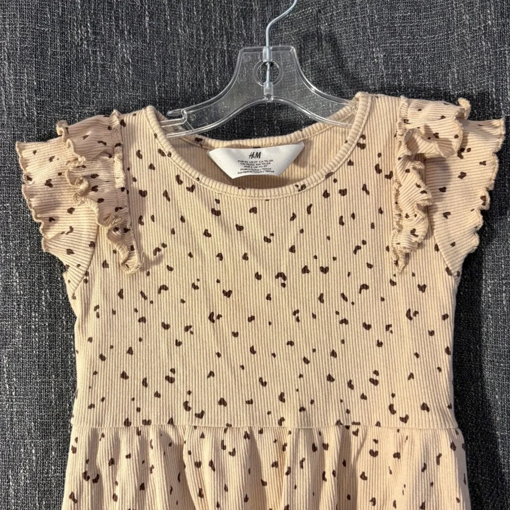 H&M Girls Ribbed Heart Leopard Animal Print Dress Beige Brown‎ (Girls 2T)